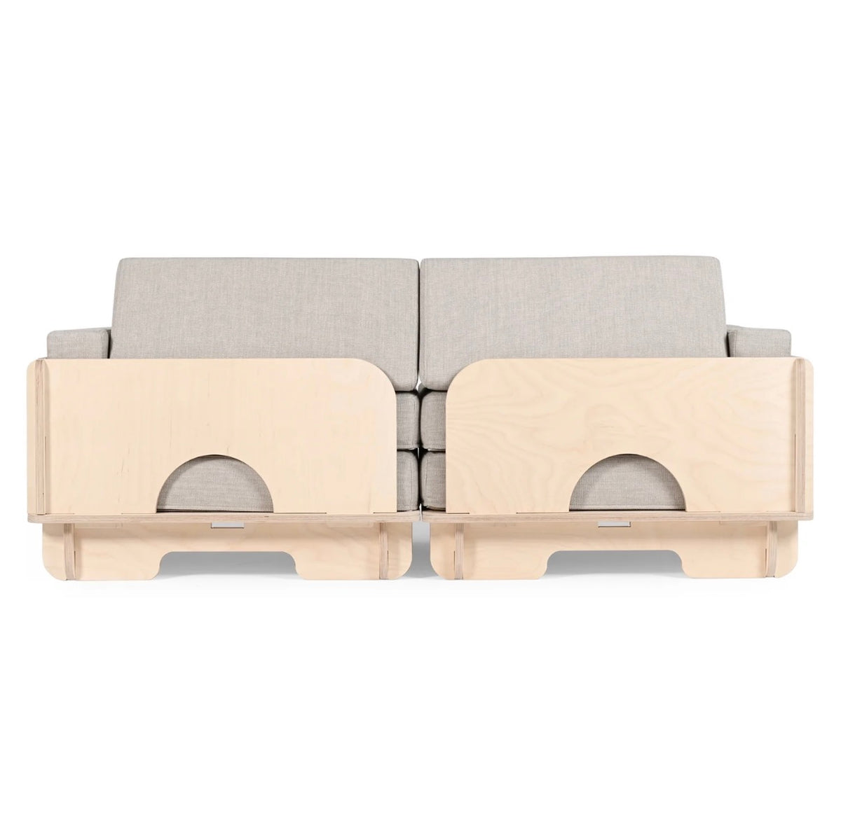 A modern modular sofa bed or daybed with light natural wood side panels and light gray fabric cushions, shown from a side view on a white background.