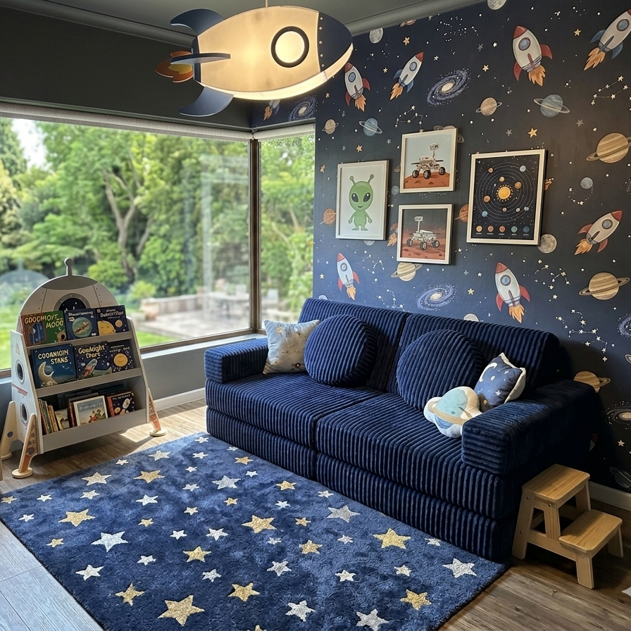 Children's room with space-themed decor, including a navy blue play sofa, rocket ship wallpaper, and star-patterned rug.