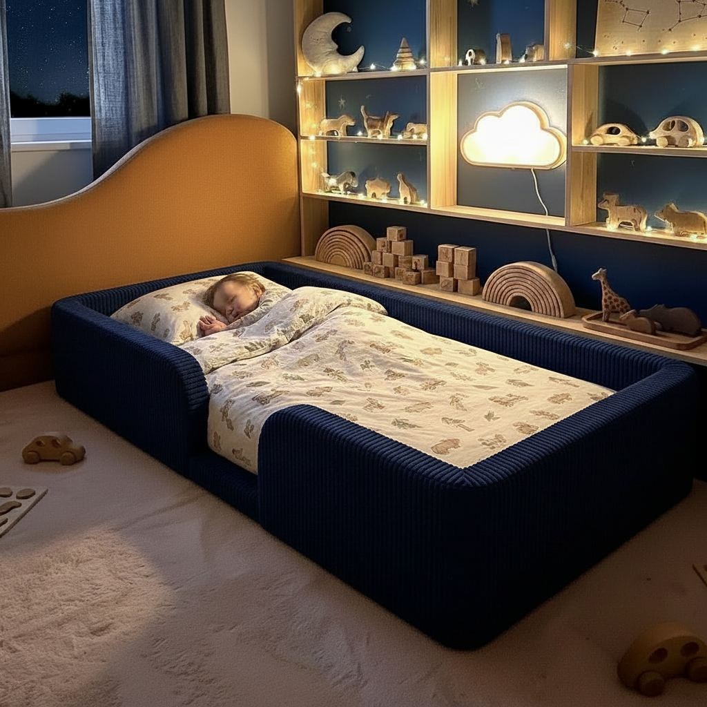Child sleeping in a toddler floor bed with toys and shelves in the background