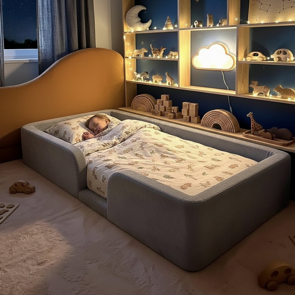 Child sleeping in a floor bed with a decorated room featuring shelves and a nightlight.
