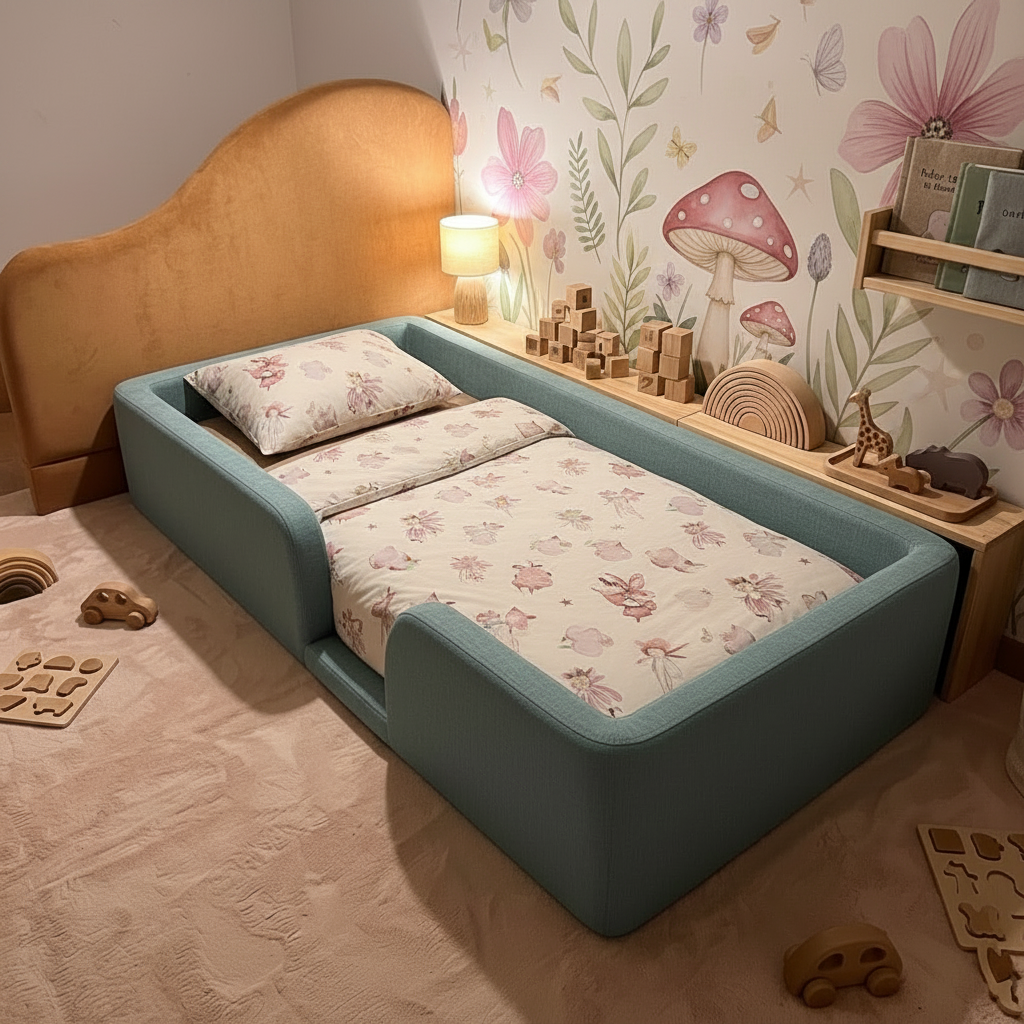 Children's bedroom with a floor bed, toys, and decorative wall.
