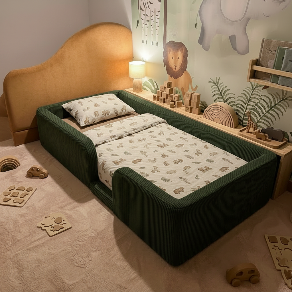 Children's room with a green toddler floor bed, toys, and safari wall decorations.