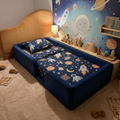 Space theme toddler room with velvet floor bed base