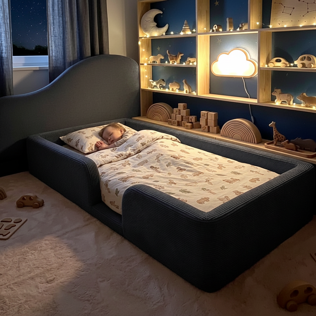 Child sleeping in a floor bed with toys around in a room with shelves and a window showing a night scene.
