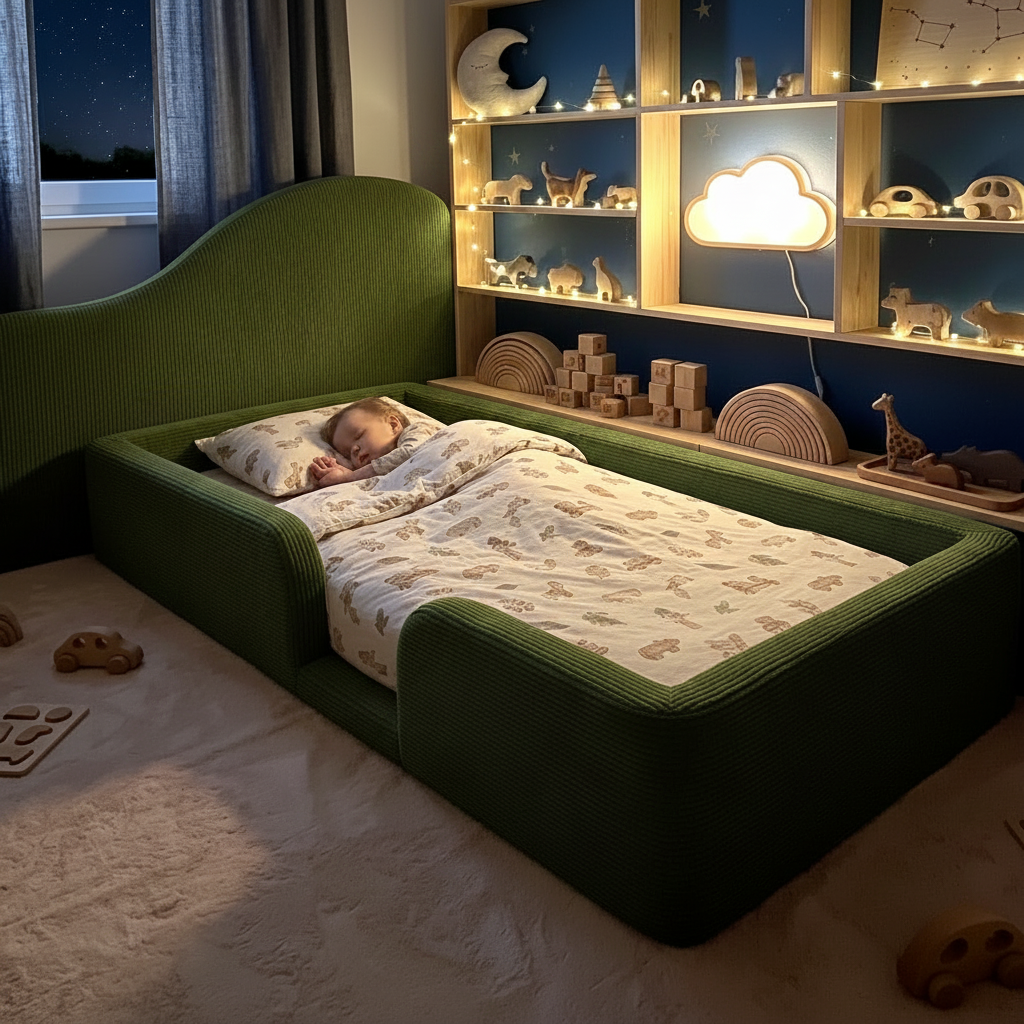 Child sleeping in a green floor bed with toys around in a room with shelves and decorative items.