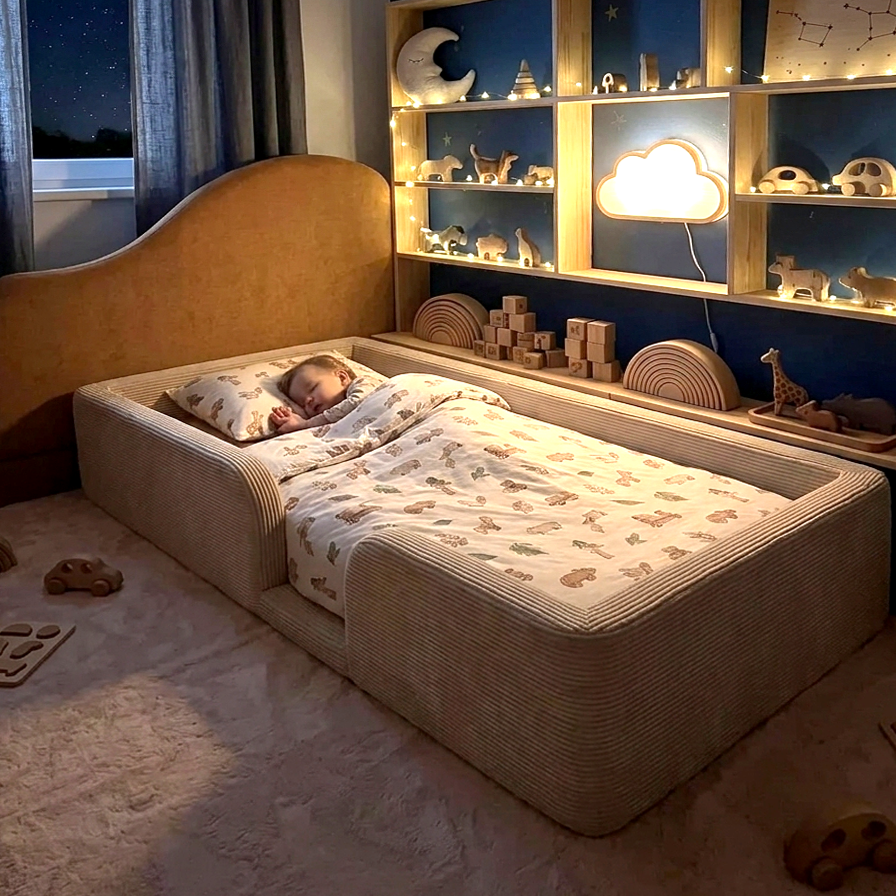 Child sleeping in a floor bed with a decorated room featuring shelves and a nightlight.