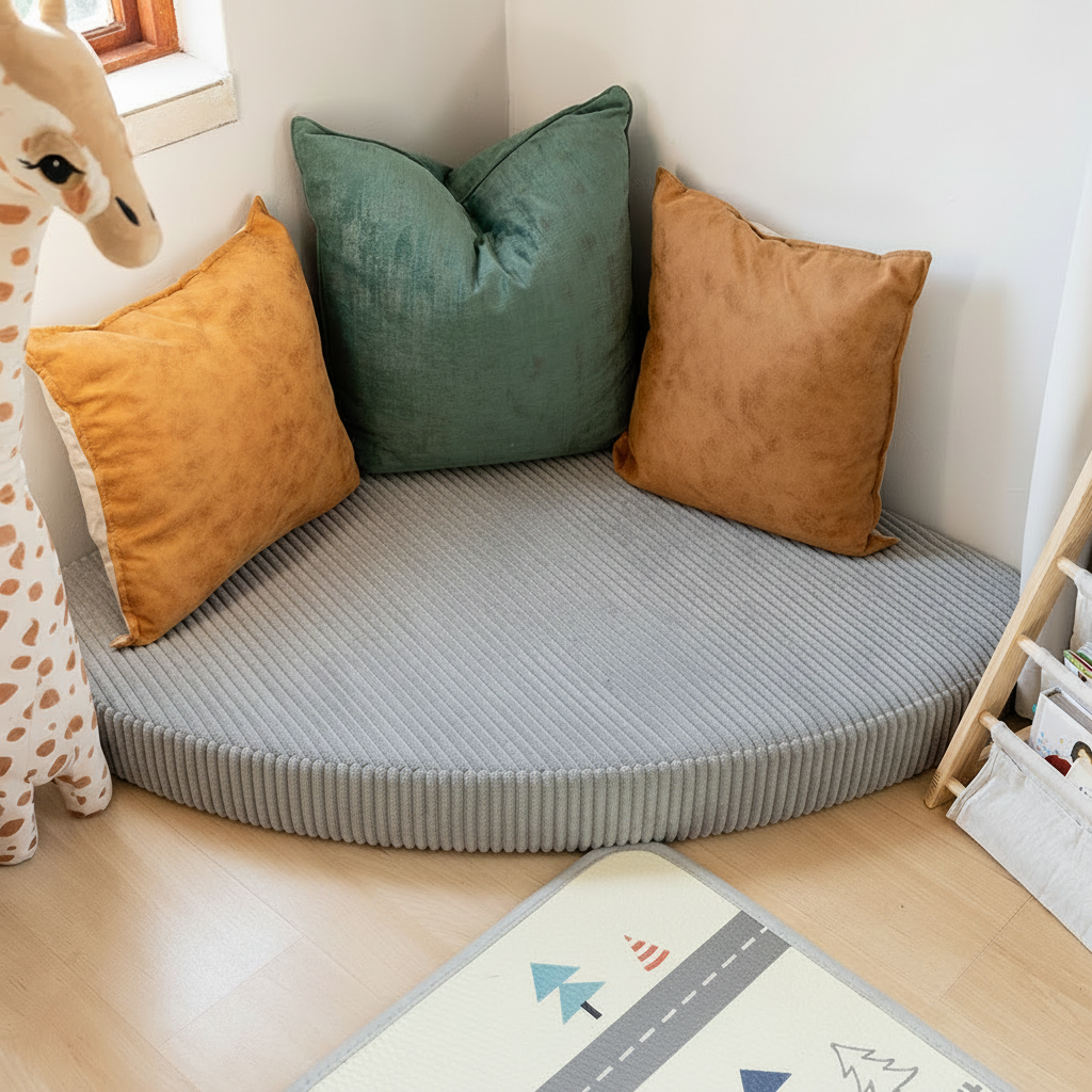 Round reading cushion with colourful pillows on a wooden floor, next to a child's teddy