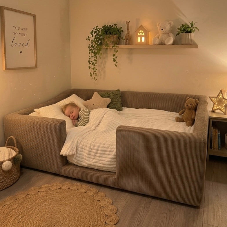 Child sleeping on a montessori inspired floor bed in a cozy room with decorative elements.