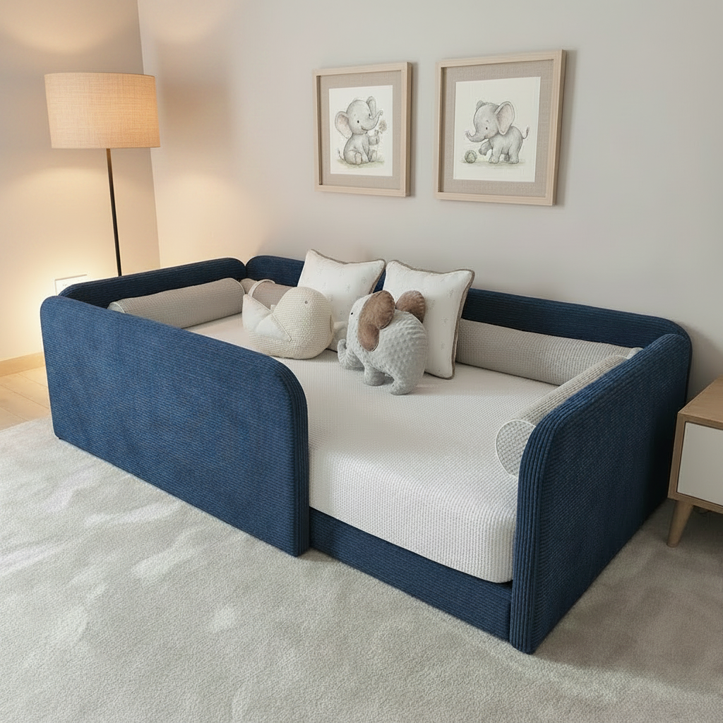 Blue children's bed with white mattress and pillows in a room with framed pictures on the wall.