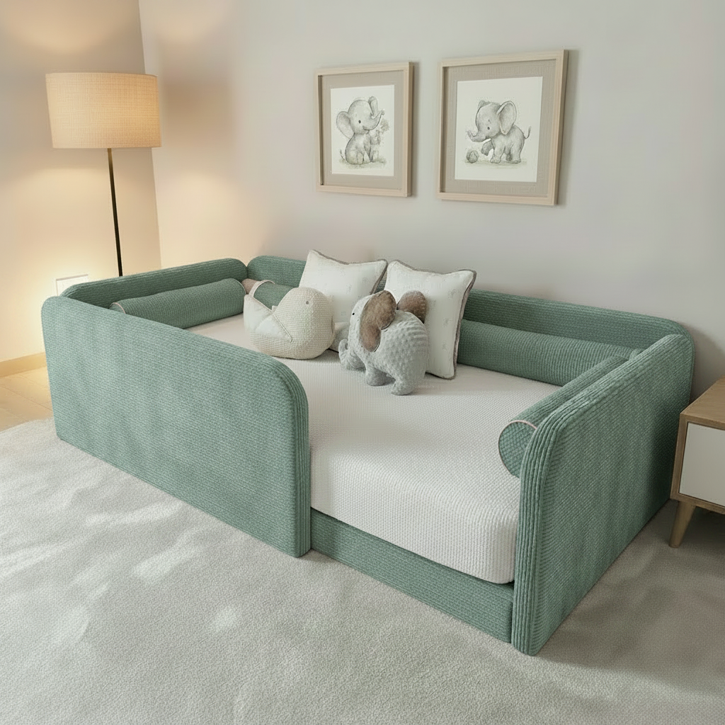 light grey toddler bed with white bedding and plush toys in a room with framed artwork on the wall.