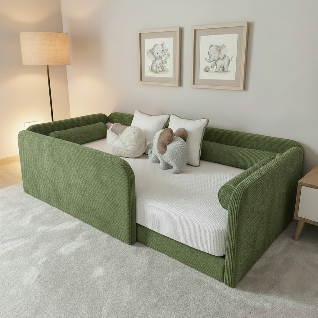 Green children's bed with white bedding and plush toys in a room with framed artwork on the wall.