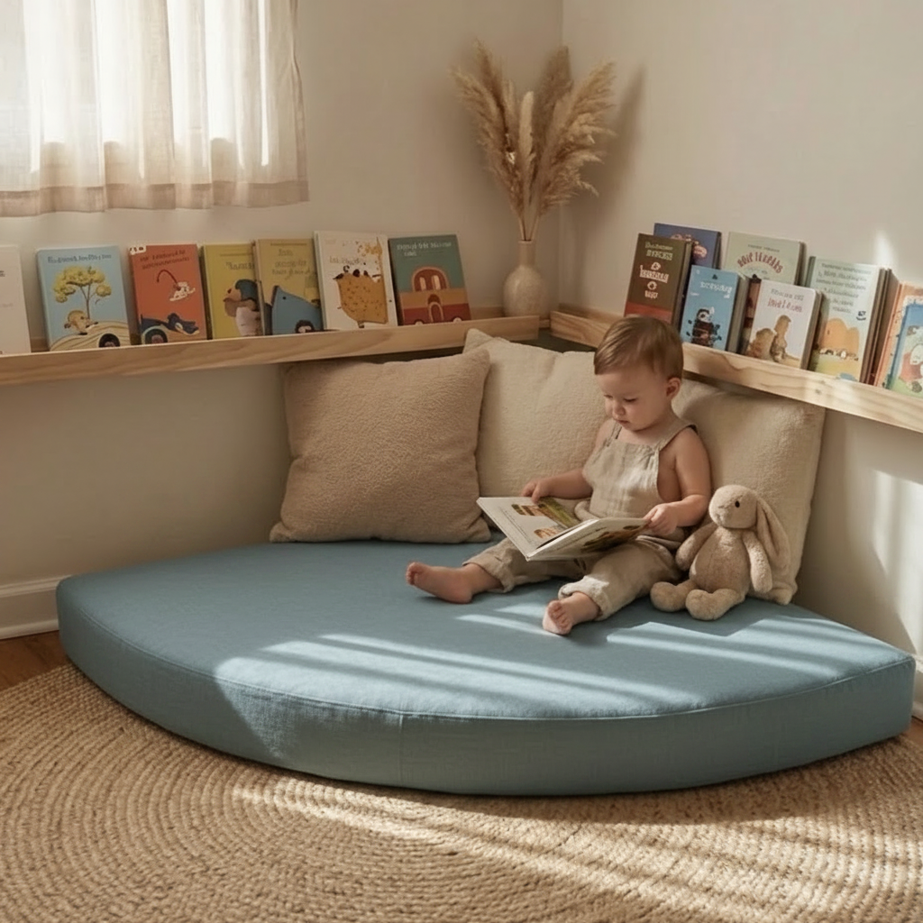 Child reading a book on a cushioned reading nook with books and decor around.