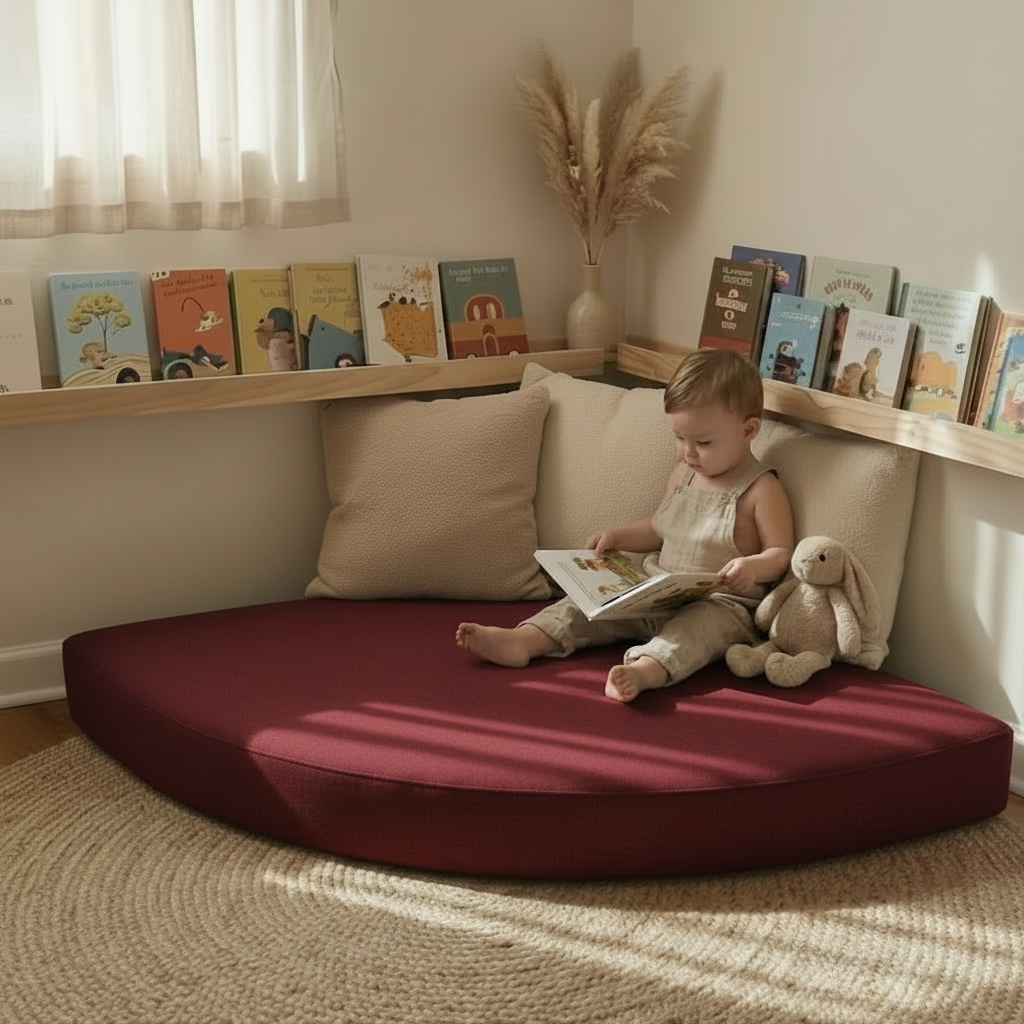 Child reading a book on a cushioned reading nook with books and decor around.