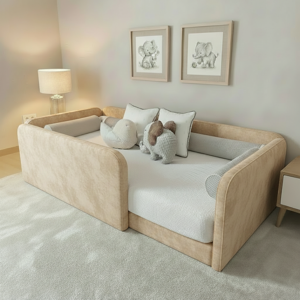 Toddler floor bed base in beige velvet fabric