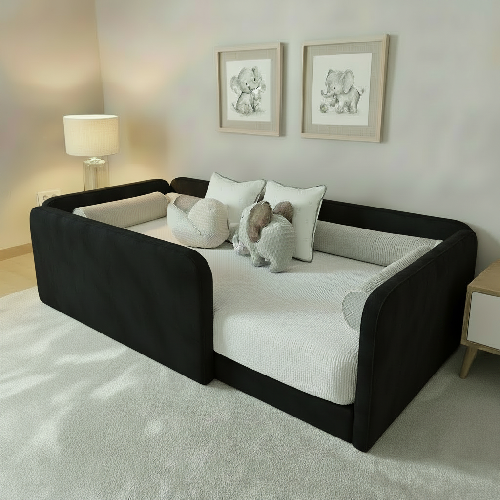 Toddler floor nest bed base in a black velvet fabric