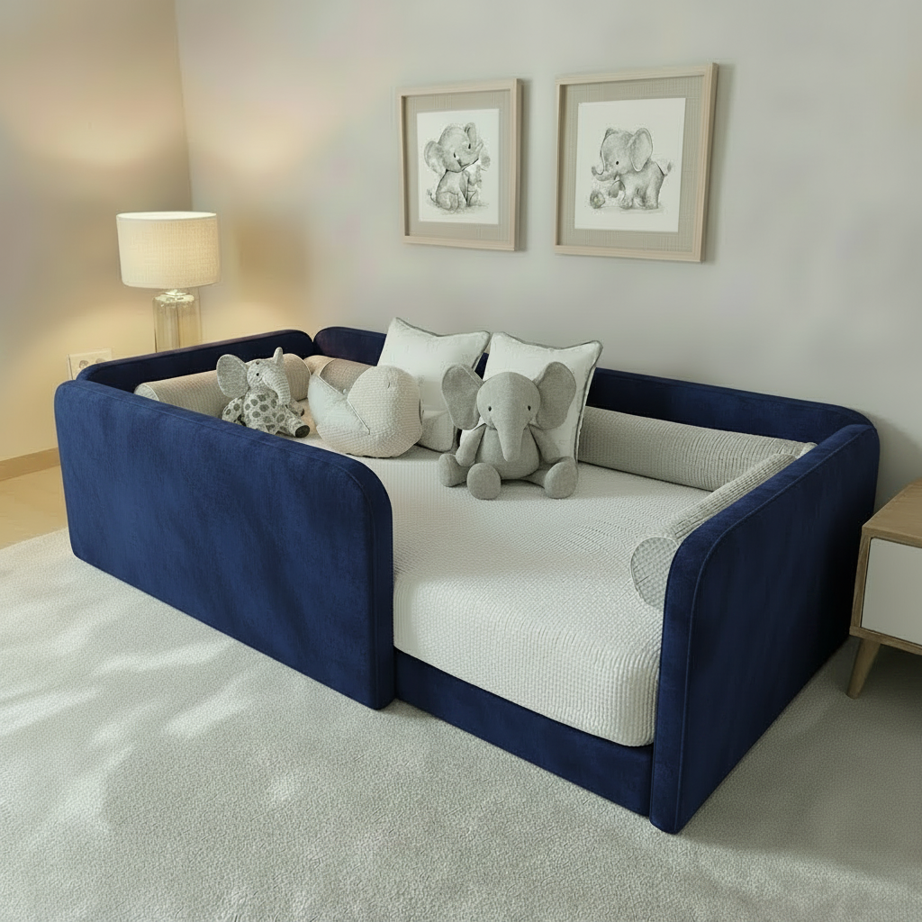 Toddler floor nest bed base in blue velvet fabric