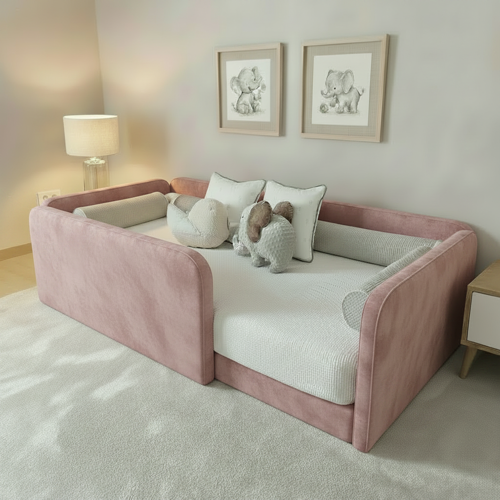 Toddler nest floor bed base on velvet dusty pink