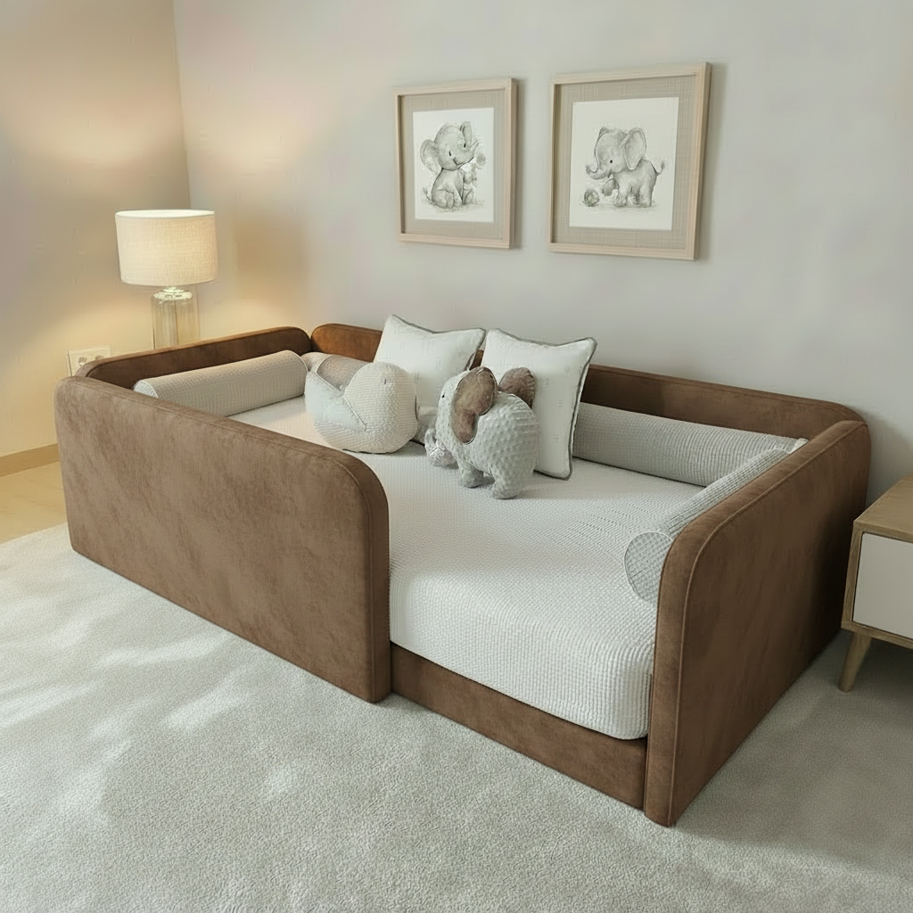 Toddler floor bed base in a brown velvet fabric