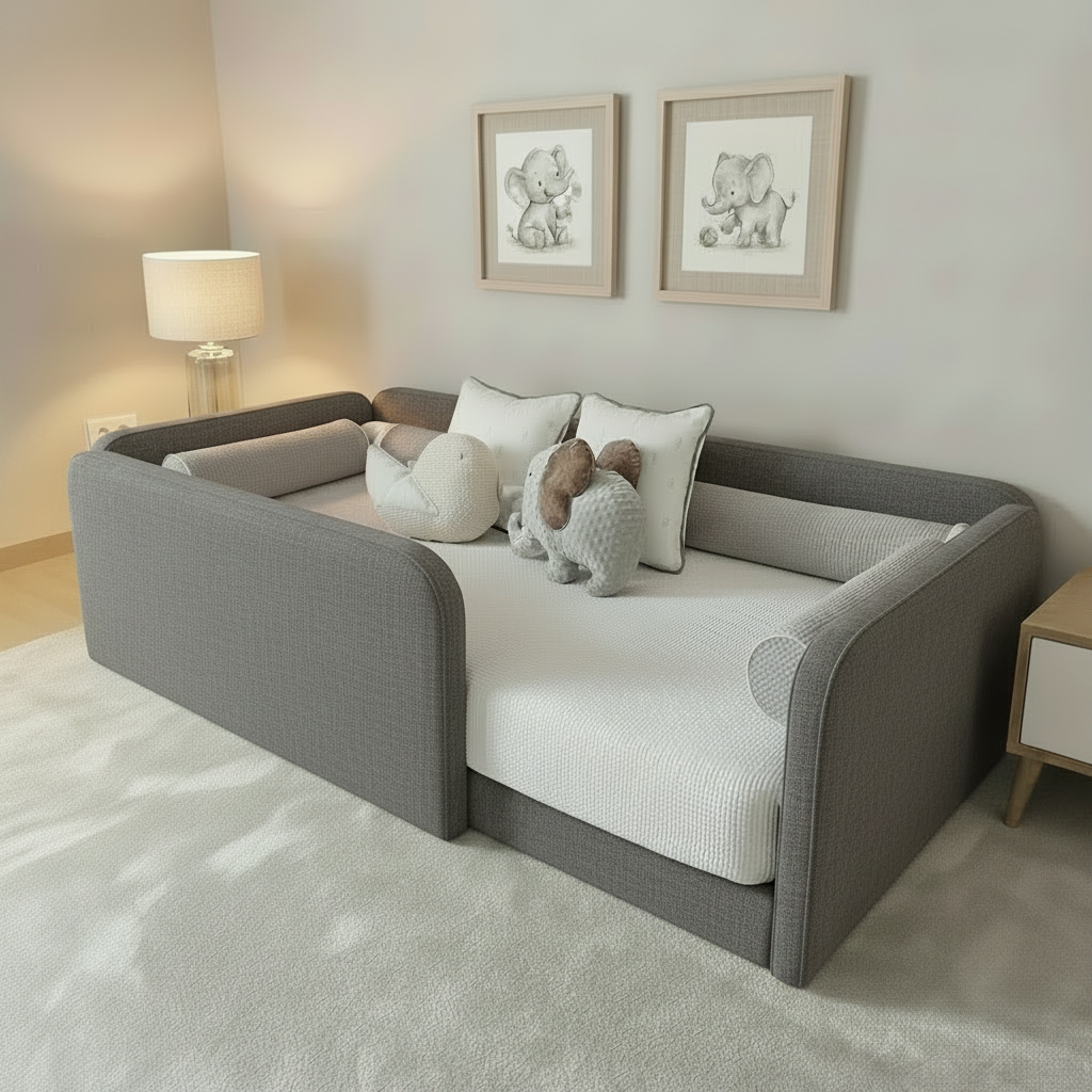 Toddler floor bed base in grey chenille fabric
