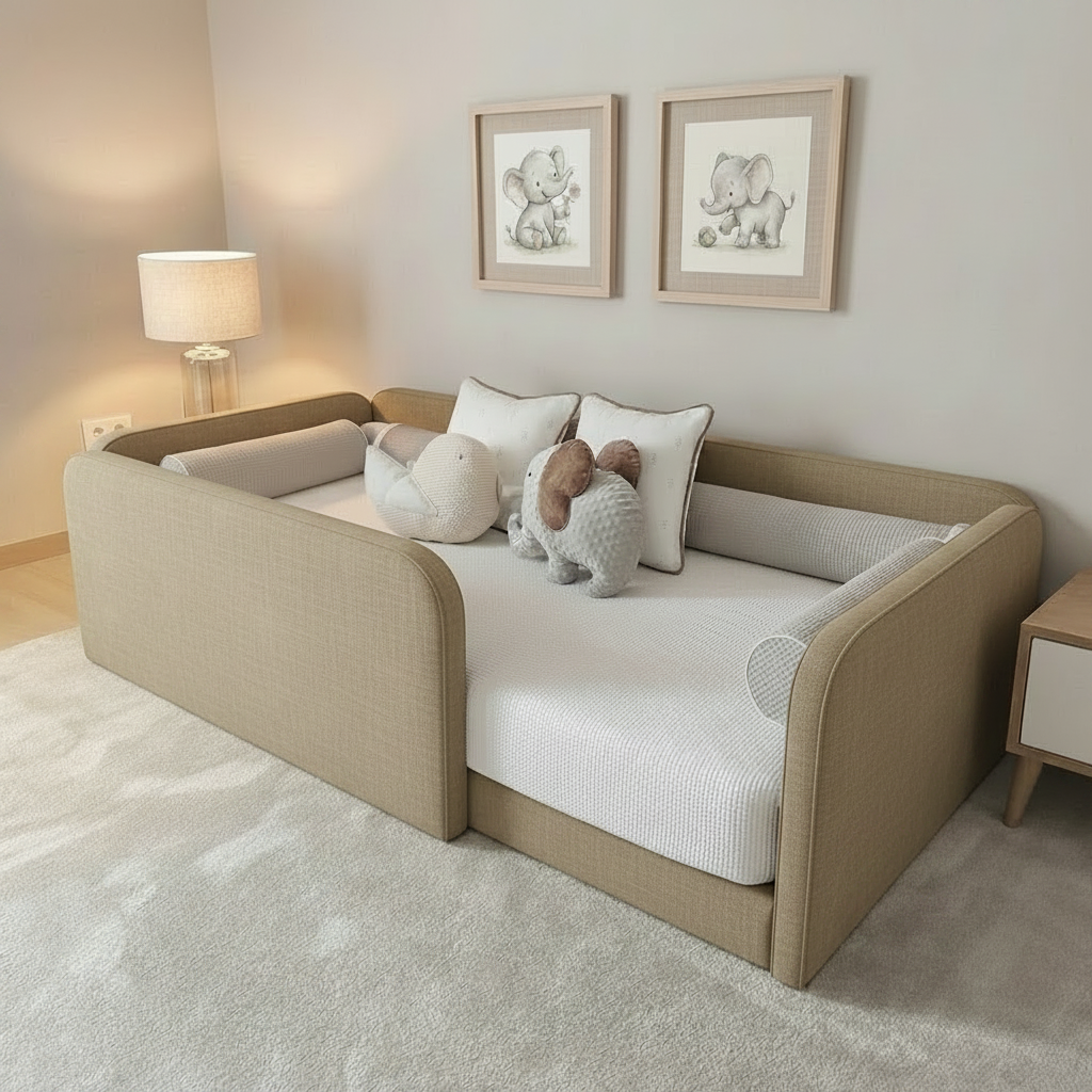 Toddler floor bed base in beige chenille fabric