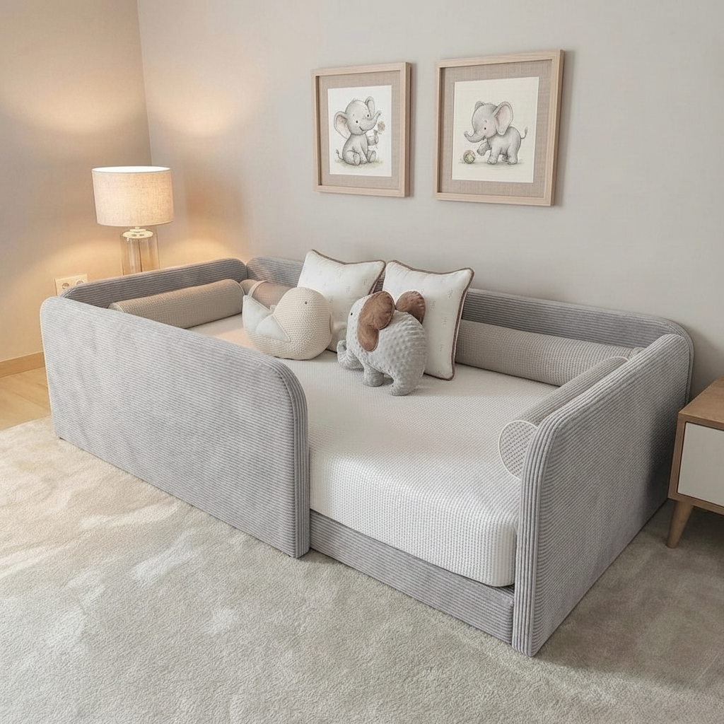 Children's room with a light grey corduroy toddler floor bed, plush toys, and framed pictures on the wall.