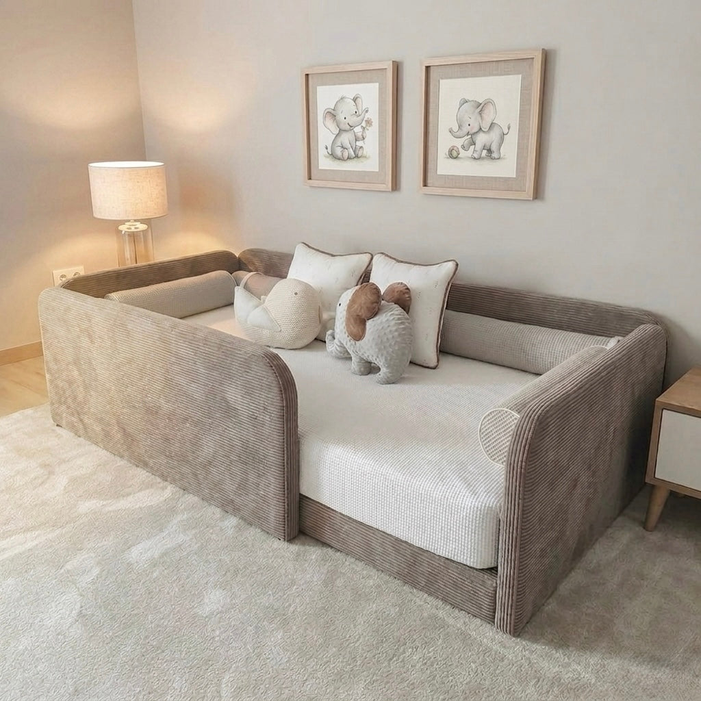 Children's room with a beige toddler floor bed, plush toys, and framed pictures on the wall.