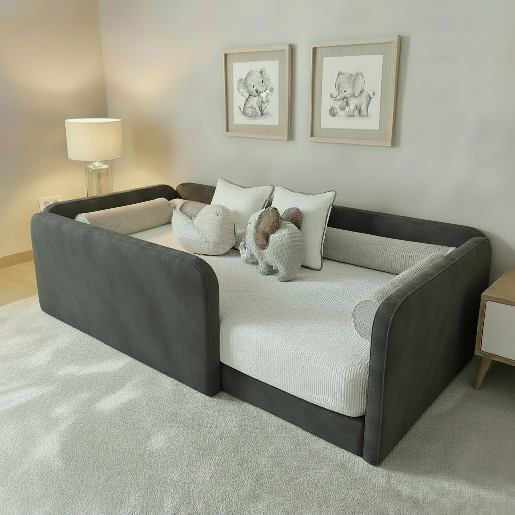 Toddler floor nest bed base in a dark grey velvet fabric