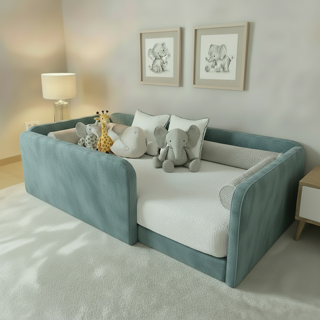 Toddler floor nest bed base in duck egg velvet fabric