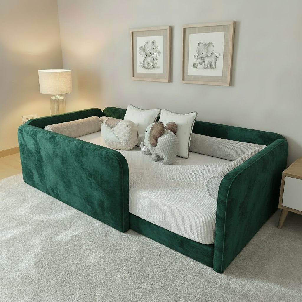 Toddler floor bed base in a emerald green velvet fabric