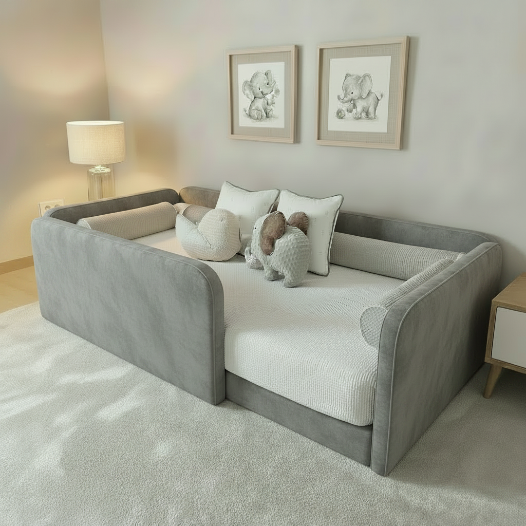 Toddler floor nest bed base in a light grey velvet fabric