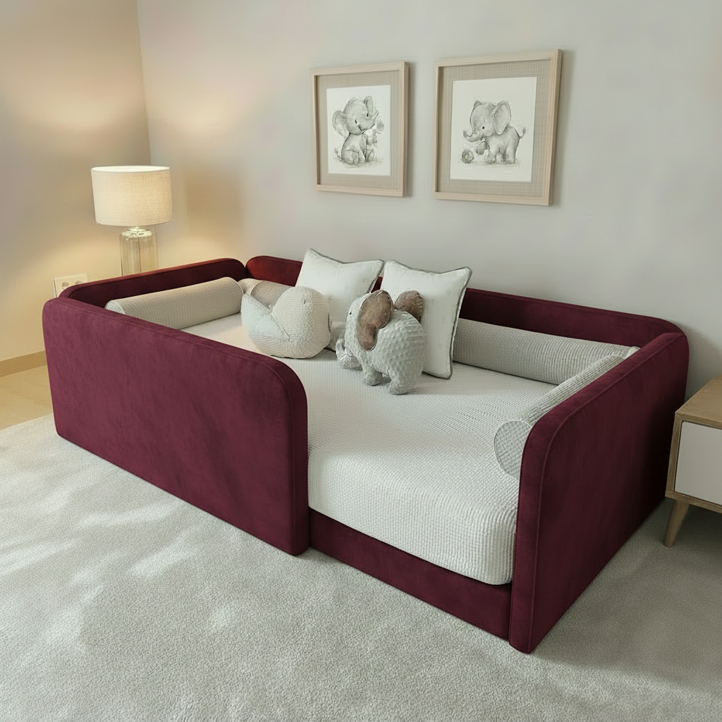 Toddler floor bed base in maroon velvet fabric