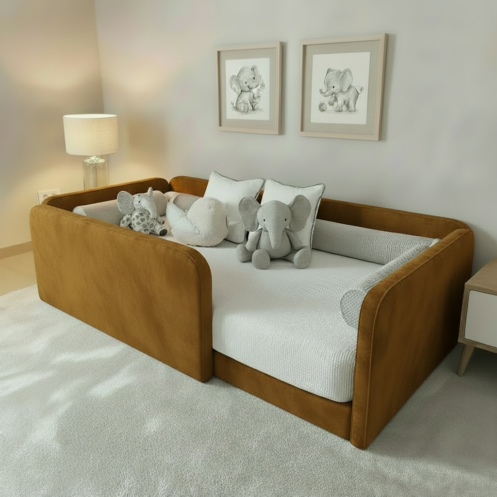 Toddler floor bed base in a mustard yellow velvet fabric