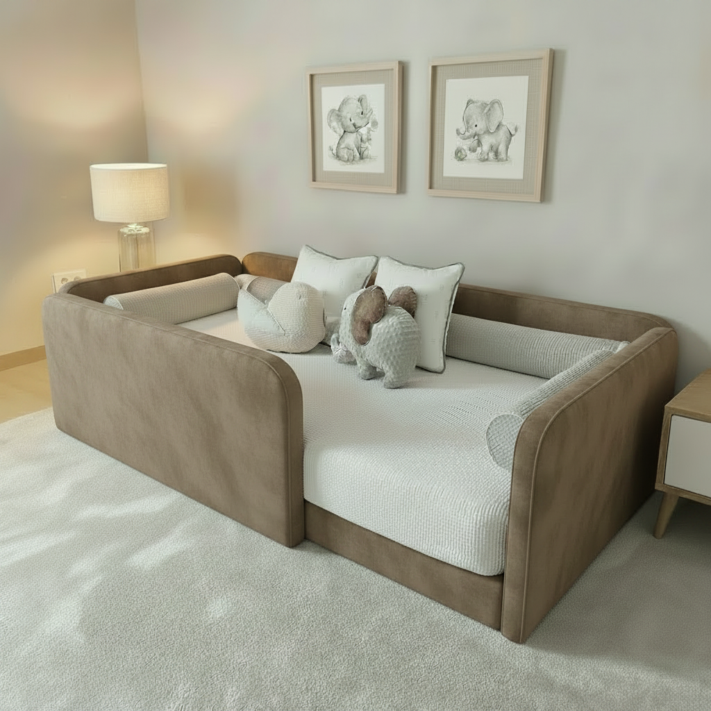 Toddler floor bed base in a taupe velvet fabric