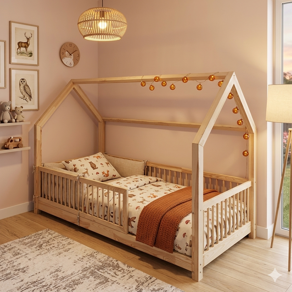 Children's room with a wooden house-shaped toddler floor bed, toys, and wall decorations.