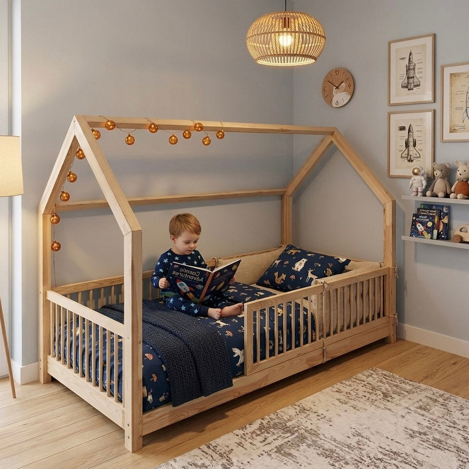 Child reading a book in a wooden house-shaped Montessori toddler floor bed in a cozy room.