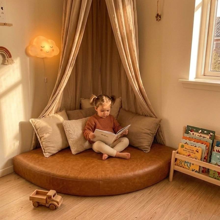 Child reading a book in a cozy reading nook with a canopy and pillows.