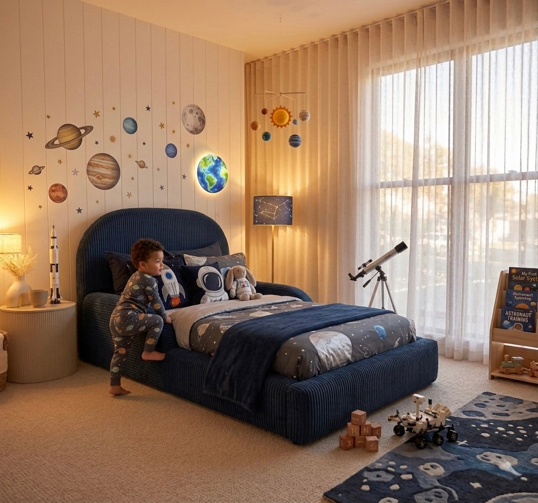 Child in pajamas standing next to a bed with space-themed decor in a bedroom.