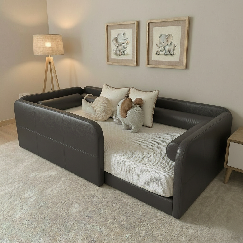 Grey leather toddler floor bed in a room with framed pictures on the wall.