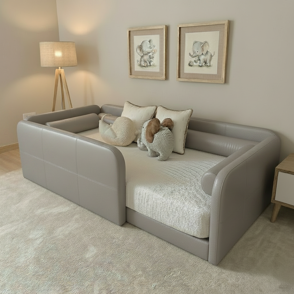 Toddler floor bed faux leather light grey