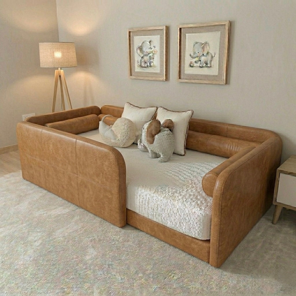 Brown leather toddler bed in a room with framed pictures on the wall.