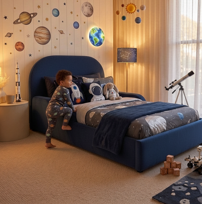 Boy climbing on a toddler floor bed