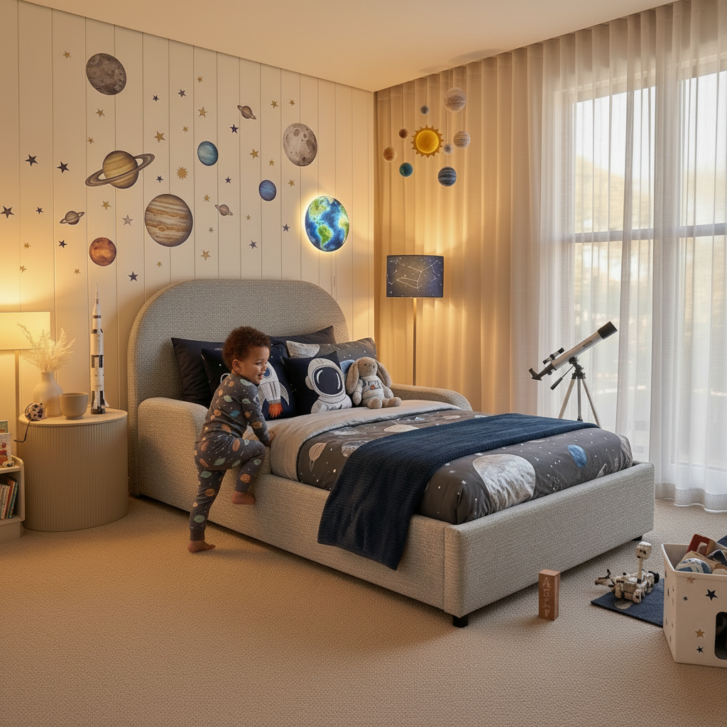 Boy climbing up on to a toddler floor bed