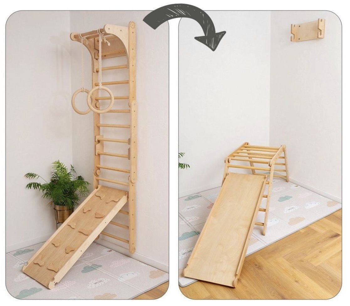 Wooden climbing ladder with slide on a white background