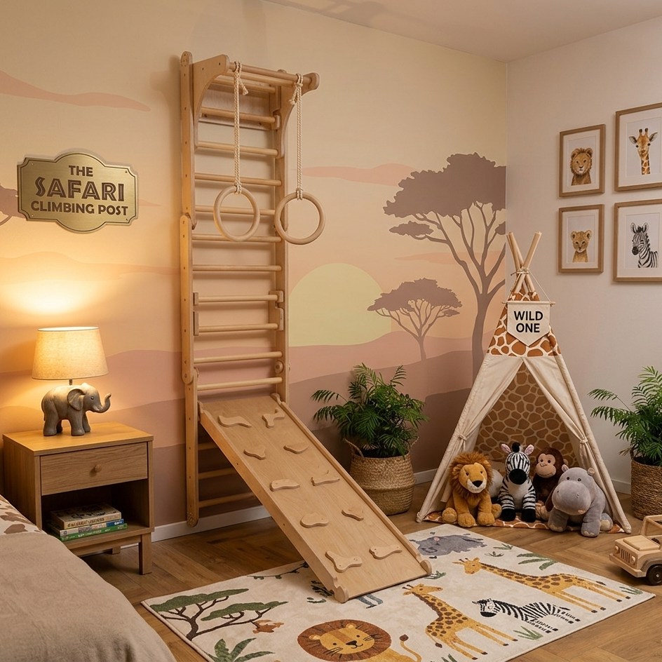 Children's bedroom with climbing equipment, teepee, and animal-themed decor.