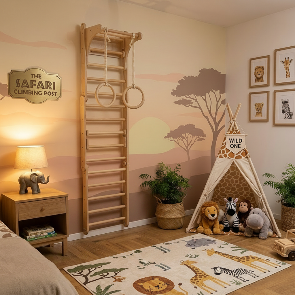 Children's room with climbing post, teepee, and animal-themed decor