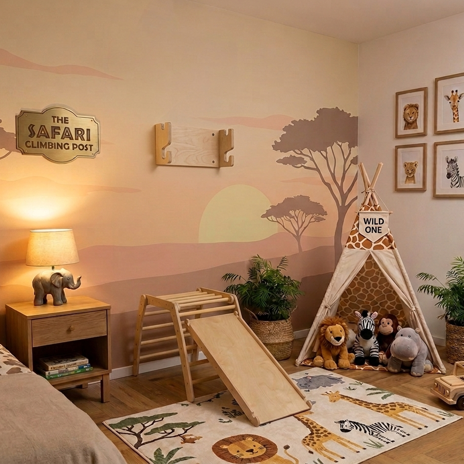 Children's room with safari theme decor, including a teepee, climbing post, and animal-themed furniture.