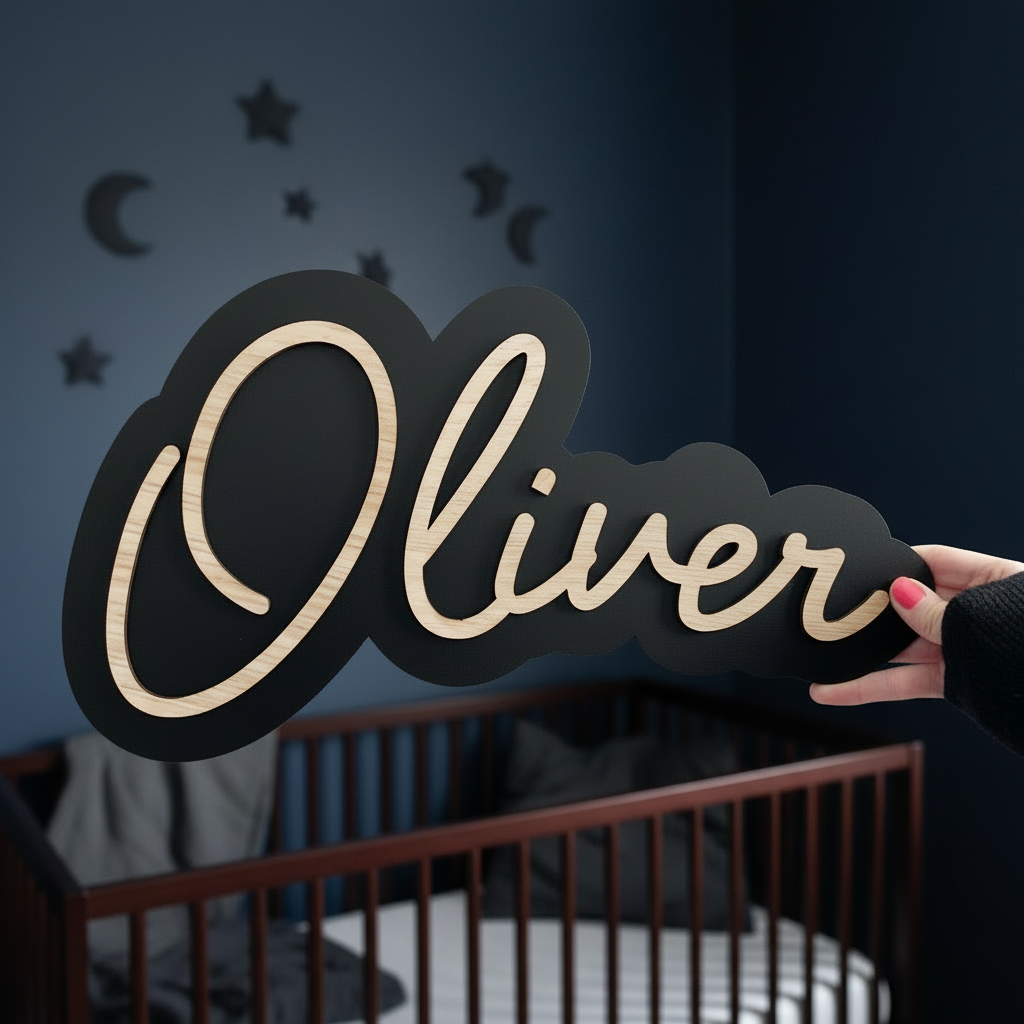 Wooden name sign spelling 'Oliver' held by a hand against a neutral background