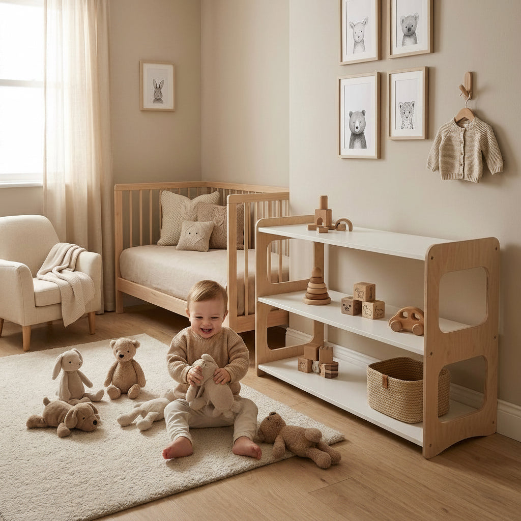 Nursery room with wooden crib, shelves, and toys in a warm color scheme.