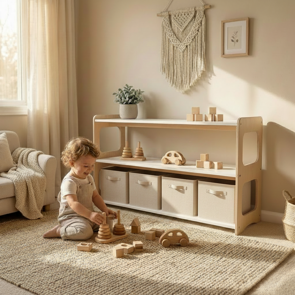 Child playing in room with wooden toy storage cabinet 