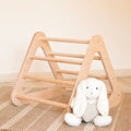 Wooden play gym triangle with a plush toy on a striped rug